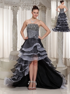 High-Low Strapless Hand Made Flowers  Beaded Black lace-up Evening Dress In 2013