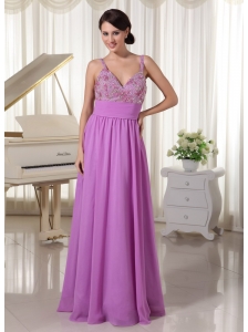 Chiffon Spaghetti Straps Pretty Lavender Evening Party Dress Appliques With Beading