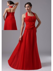 Halter and Ruched Bodice For 2013 Red Prom Dress In Borrego Springs California With Hand Made Flowers