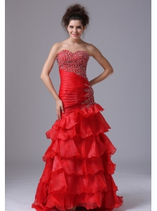 Red Party Sexy Prom Dress Mermaid Sweetheart Organza Floor-length