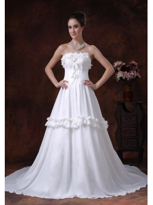 A-Line Chiffon Strapless Chapel Train Romantic Low Cost Wedding Dress Ruffles
