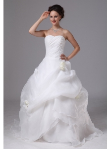 Organza Hand Made Flowers and Pick-ups Low Cost Wedding Dress With Brush Train For Custom Made In Gainesville Georgia