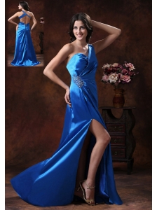 Tempe Arizona Shy Blue High Slit One Shoulder Prom Dress With Beaded Decorate Waist On Elastic Woven Satin