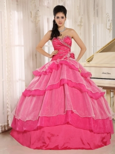 Hot Pink Sweetheart Beaded Decorate and Ruch Bodice Ruffled Layeres Rosario Quinceanera Dress In 2013