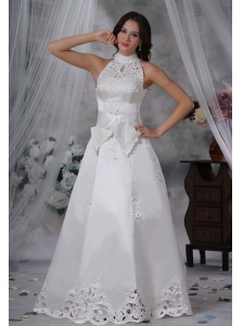 Waukon Iowa High-neck Appliques Sash A-line Bow Satin Wedding Dress For 2013 Fashionable Style