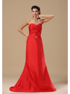 Alexandria Ruched Decorate Bust Sash With Beading A-line Satin Red 2013 Prom Celebrity Dress Brush
