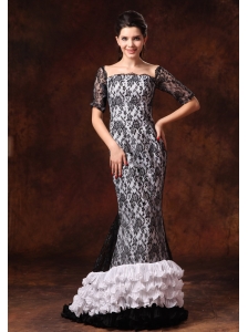 Half Sleeves Black And White Square Lace Brush Designer 2013 Prom Celebrity Gowns In Athens Alabama