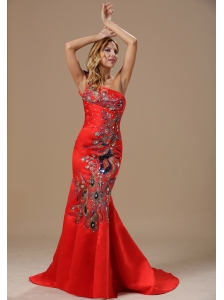 Mermaid Red and One Shoulder For 2013 Celebrity Prom Dress With Embroidery In Little Rock Arkansas