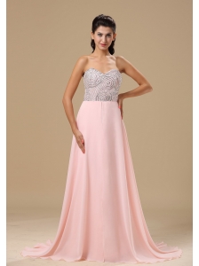 Missoula Beaded Decorate Up Bodice Sweetheart Neckline Light Pink Chiffon Brush Train 2013 Prom Celebrity Dress