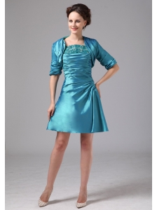 Teal Appliques and Ruch Mini-length Mother Of The Bride Dress With Jacket In Milledgeville Georgia