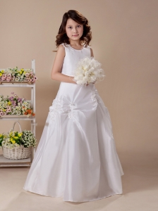Appliques Scoop-neck Taffeta White 2013 Custom Made Wedding Party Flower Girl Dress