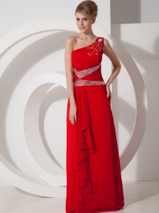 Beading One Shoulder Chiffon Red Column / Sheath Floor-length Evening Dress