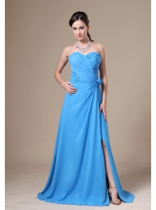 Teal High Slit Sweetheart Neckline Ruch and Flowers Decorate Bridesmaid Dress