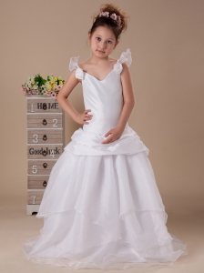 V-neck Hand Made Flowers Organza Sweep Wedding Party Stylish Flower Girl Dress For 2013 Custom Made