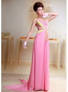 Baby Pink Beaded Chiffon Prom Dress With Watteau Train