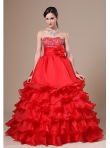 Beaded Decorate Strapless Hand Made Flower Ruffled Layers Red Floor-length 2013 Prom / Evening Dress