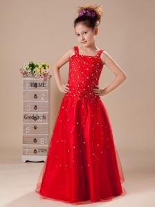 Beading Red Straps A-Line Flower Girl Dress Tulle Floor-length