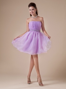 Lavender Beaded Decorate Waist Organza Princess Prom Dress With Strapless Neckline