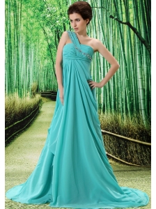 Light Blue One Shoulder Prom Dress Appliques and Ruch In Graduation