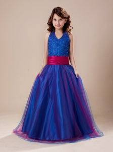 Paillette Over Skirt A-Line Sashes/Ribbons Royal Blue Halter Flower Girl Dress