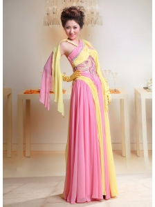 Unique Baby Pink and Yellow Chiffon Cross Neck Prom / Evening Dress For Custom Made