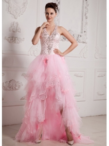 2013 Baby Pink High-low Ruffled Layeres Beading Prom Celebrity Dress