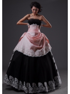 Lace Decorate Bodice Strapless Floor-length Light Pink and Black A-line Quinceanera Dress For 2013