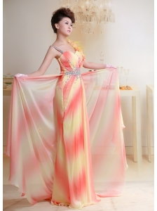 Ombre Color Beaded Chiffon Prom Dress With Court Train