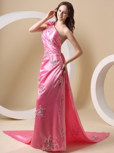 One Shoulder Appliques and Watteau Train For Rose Pink Prom Dress