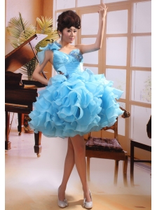 One Shoulder Baby Blue A-line Mini-length Prom Gowns With Organza Ruffles 2013