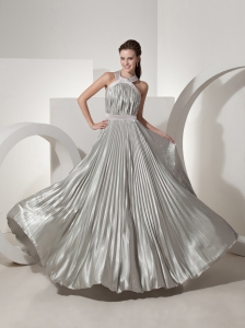 Pleat Decorate Halter Neckline Silver Prom Dress