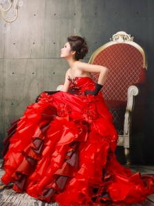 Sexy Red Ruffles Strapless 2013 Quinceanera Dress With Hand Made Flowers