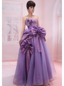 Strapless Organza Beading and Handle-Made Flowers Lilac 2013 Prom Dress A-Line / Princess