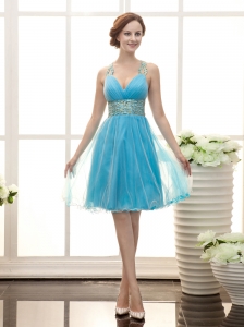 Teal Blue V-neck Beaded Decorate Shoulder And Beaded Decorate Waist Knee-length Stylish 2013 Prom Gowns