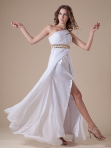 White High Slit One Shoulder Chiffon Beaded Decorate Waist Prom Dress