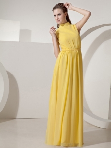 Yellow High-neck Empire Prom Dress Floor-length Chiffon