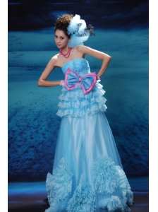 Appliques With Beading Decorate Bust Bowknot Ruffled Layers Strapless Floor-length Aqua Blue 2013 Prom / Evening Dress