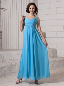 Baby Blue Empire Straps Beaded Decorate Shoulder Elegant Custom Made 2013 Prom Gowns