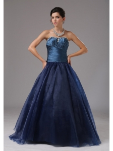 Beaded Decorate A-line Navy Blue Strapless Organza Prom Dress