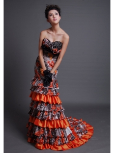 Beaded Decorate Bodice Sweetheart Neckline Printing and Taffeta Brush Train Mermaid Prom / Evening Dress For 2013