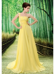 Custom Made Yellow One Shoulder Appliques Prom Dress Beaded Decorate Bust In Formal Evening