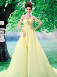 Light Yellow Simple Sweetheart Chiffon A-Line Court Train Prom Dress