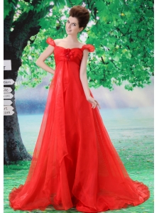 Off Shoulder Neckline Red A-line Organza Custom Made 2013 Prom Gowns With Court Train