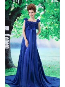 Royal Blue Flowers Decorate Prom Dress With Lace Sequare Neckline