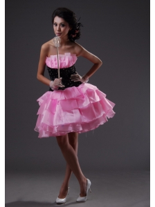 Ruffled Layers Pink and Black Mini-length Strapless 2013 Prom / Homecoming Dress