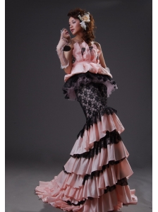 Whitefish Mermaid Light Pink and Black Taffeta and Lace Appliques Brush Train Ruffled Layers 2013 Prom / Evening Dress