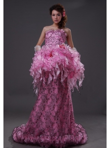 Exquisite Strapless Pink Column / Sheath Sequins Brush / Sweep Prom Dress