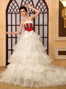 Luxurious Beading A-Line Strapless Organza Cathedral Train Wedding Dress