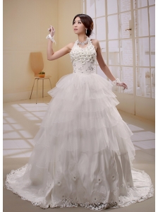 2013 Halter Ruffled Layeres Applqiues Decorate Wededing Dress With Lace