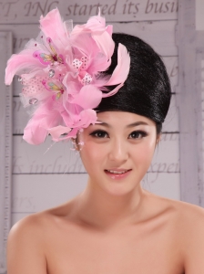 Imitation Pearls and Feather Decorate Tulle and Printing Fabric Headpieces For Speciral Occasion Party